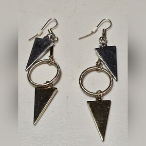 Earrings Silver Tone Double Triangle Circle Dangle Earrings